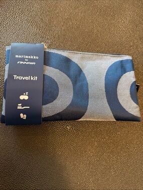 Marimekko Navy and Light Blue Travel Pouch Travel Kit with toothbrush and more